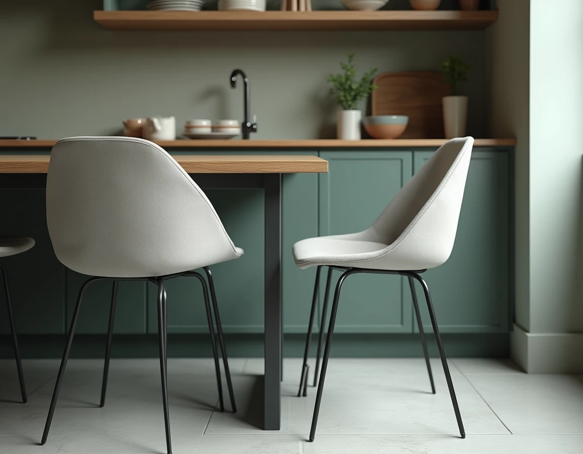 Détail de la hauteur d'assise de chaises de cuisine rembourrées par rapport au dessous de table