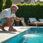 Homme d'âge moyen versant floculant dans la piscine