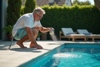 Homme d'âge moyen versant floculant dans la piscine