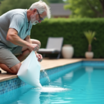Homme versant du sel dans une piscine de jardin