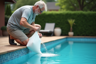 Homme versant du sel dans une piscine de jardin