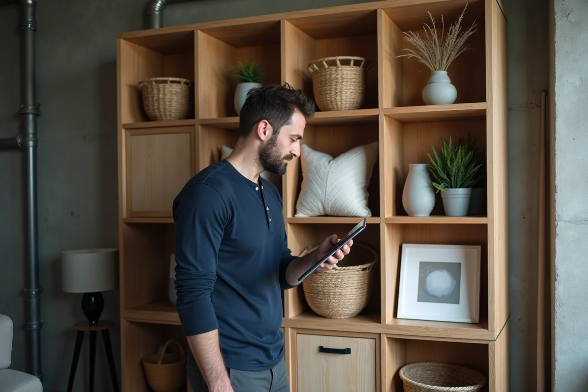 Homme comparant des coussins décoratifs devant une étagère de décoration abordable dans un appartement urbain avec tablette affichant une appli déco