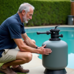 Homme examinant un filtre à sable près de la piscine