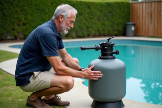 Homme examinant un filtre à sable près de la piscine