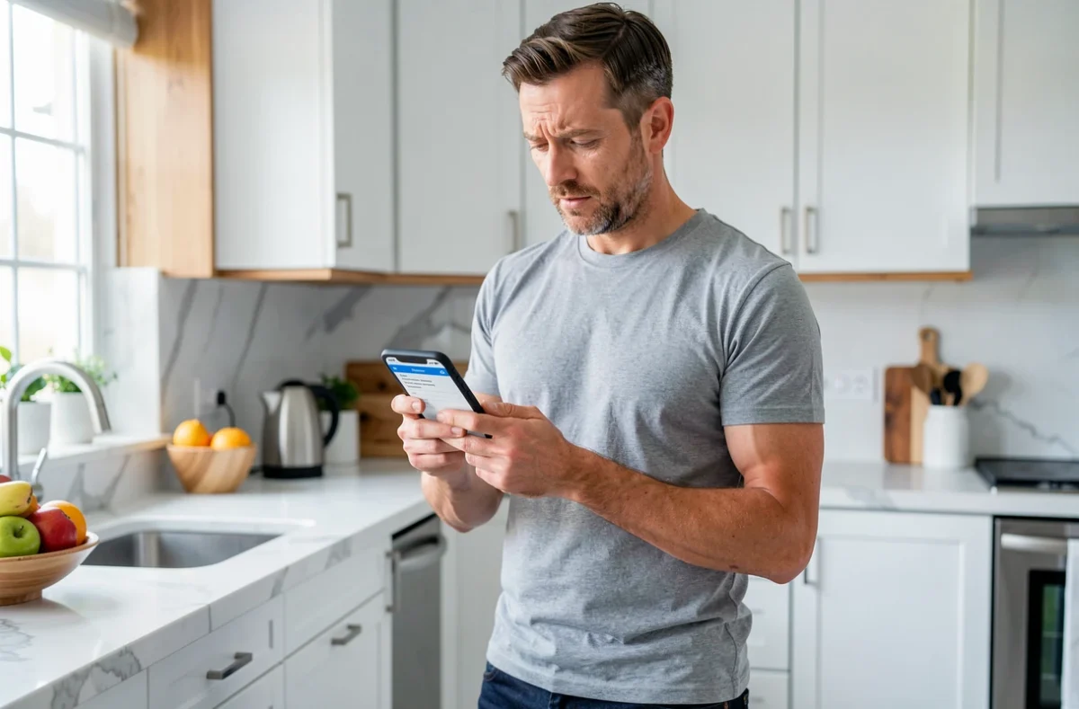 Homme lisant un formulaire de contact sur son smartphone dans une cuisine moderne pour éviter les erreurs fréquentes