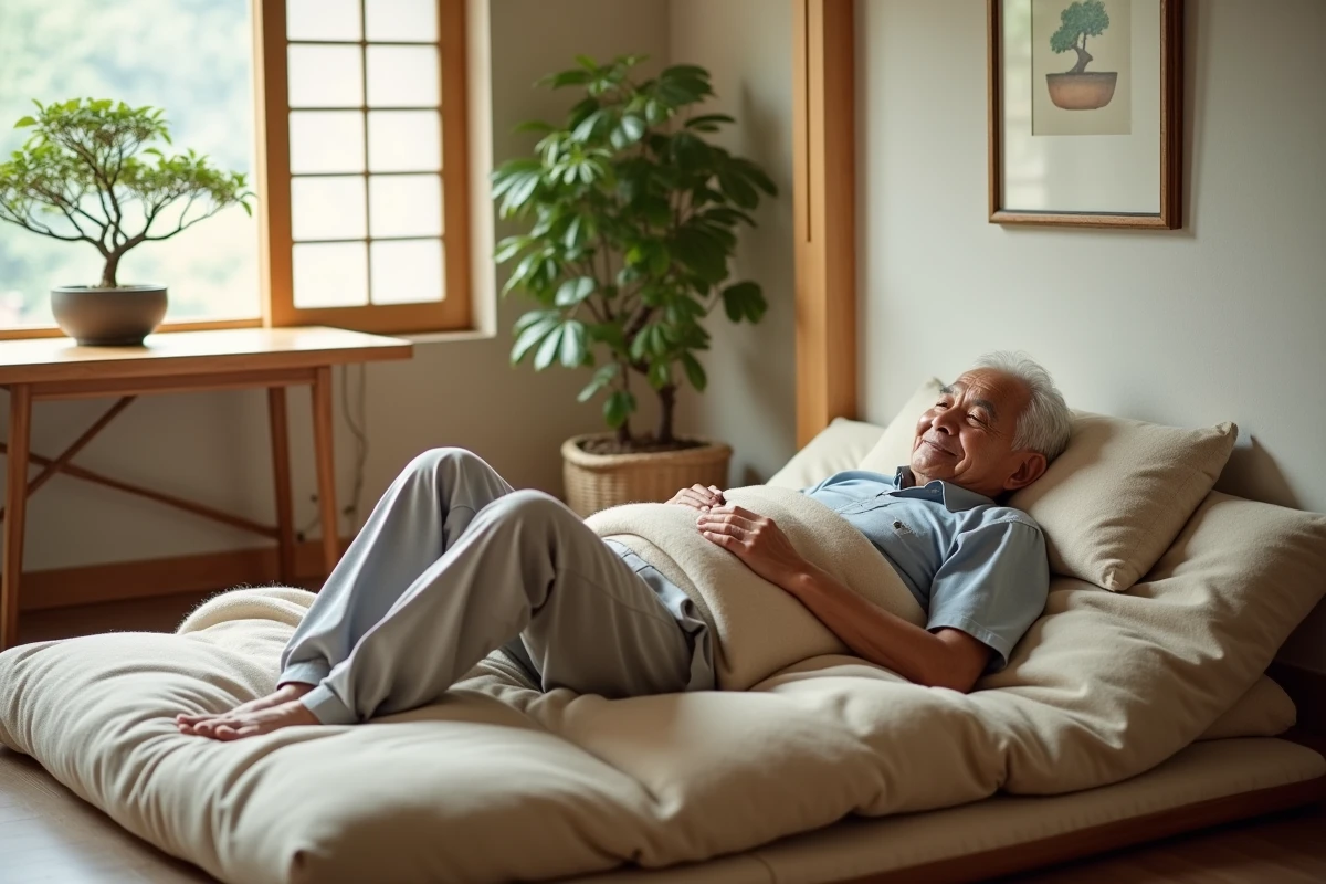 Homme âgé repose sur un futon dans un studio paisible