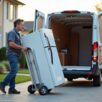 Homme d'âge moyen guidant un réfrigérateur sur un chariot dans une rue résidentielle