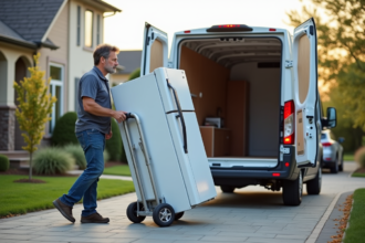 Homme d'âge moyen guidant un réfrigérateur sur un chariot dans une rue résidentielle