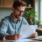 Homme vérifiant une facture dans une cuisine moderne