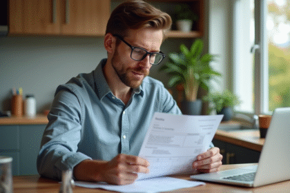 Homme vérifiant une facture dans une cuisine moderne