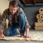 Homme appliquant de l'isolation dans un sous-sol