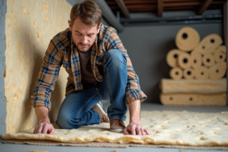 Homme appliquant de l'isolation dans un sous-sol