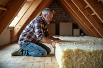 Homme en jeans posant de l'isolant dans une mansarde