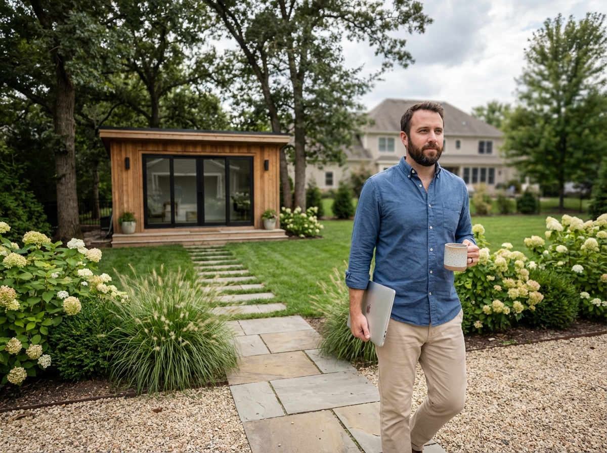 Homme marchant vers un studio de jardin avec un café et un ordinateur
