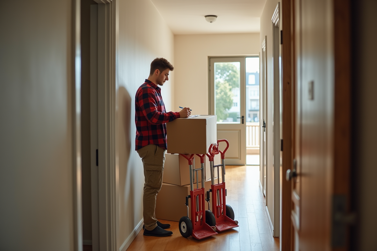 Jeune homme étiquetant une boîte de déménagement dans un couloir