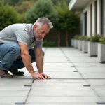 Homme mesurant des dalles de terrasse en extérieur