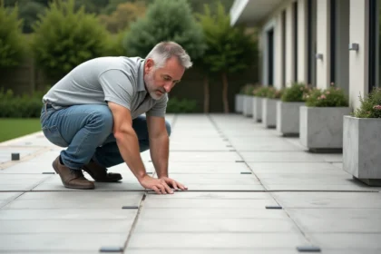 Homme mesurant des dalles de terrasse en extérieur