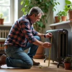 Homme mesurant un radiateur en fonte dans un salon lumineux