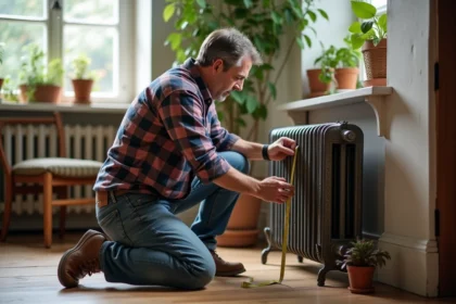 Homme mesurant un radiateur en fonte dans un salon lumineux