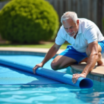 Homme d'âge moyen déployant une couverture solaire sur la piscine