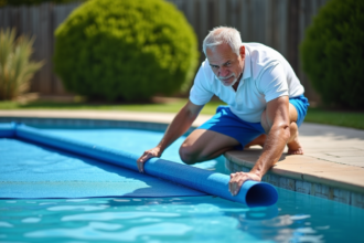 Homme d'âge moyen déployant une couverture solaire sur la piscine