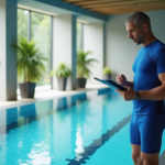 Homme en maillot bleu observant une piscine intérieure moderne