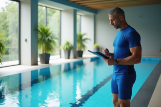 Homme en maillot bleu observant une piscine intérieure moderne