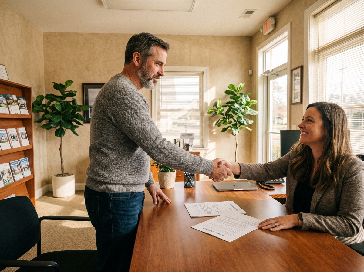Homme d age moyen signe un accord avec un agent immobilier