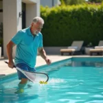 Homme d'âge moyen nettoyant la piscine avec un skimmer