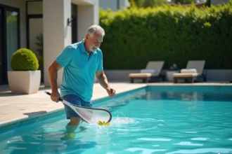 Homme d'âge moyen nettoyant la piscine avec un skimmer