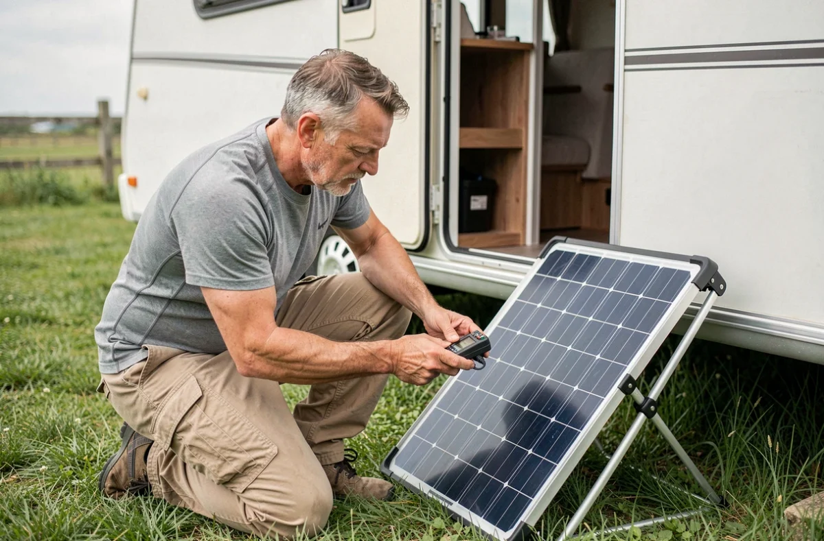 Homme inspectant un panneau solaire portable et un régulateur de charge à côté d'une caravane blanche