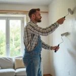 Homme en jeans peint un mur dans une pièce en rénovation