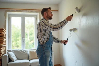 Homme en jeans peint un mur dans une pièce en rénovation