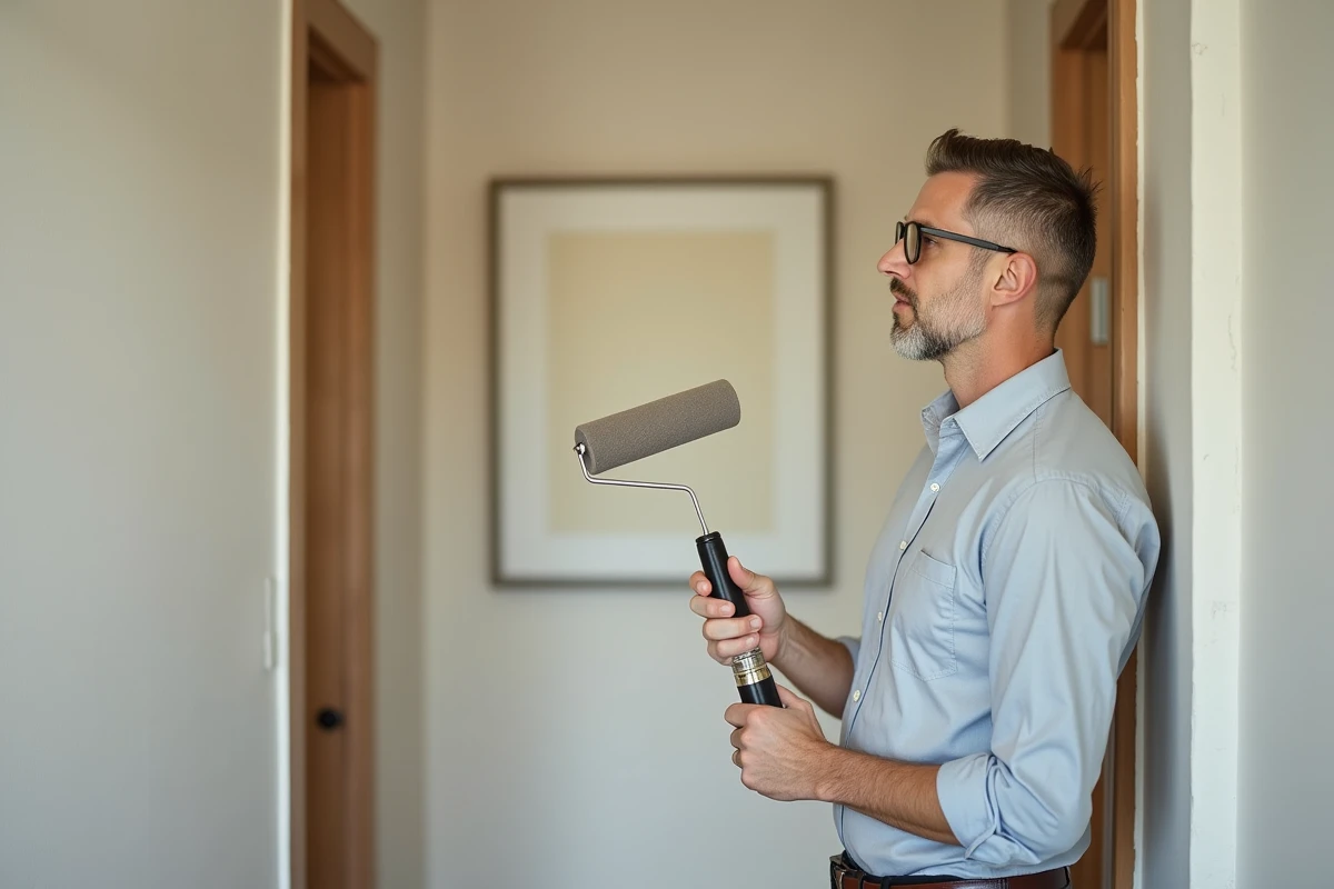 Homme en tenue décontractée admirant un mur fraîchement peint dans un couloir