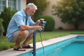 Homme d'âge moyen vérifiant la pompe de piscine extérieure