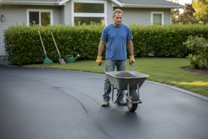 Homme d'âge moyen avec brouette sur une allée neuve
