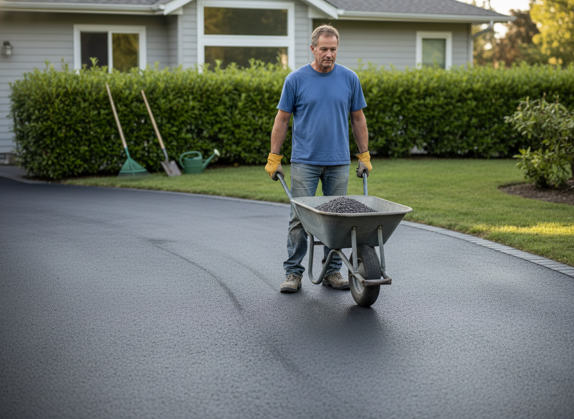 Homme d'âge moyen avec brouette sur une allée neuve
