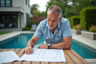 Homme en été étudie des plans près d'une piscine moderne