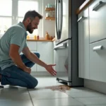 Homme inspectant un frigo avec une flaque d'eau au sol
