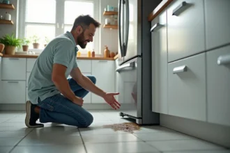 Homme inspectant un frigo avec une flaque d'eau au sol