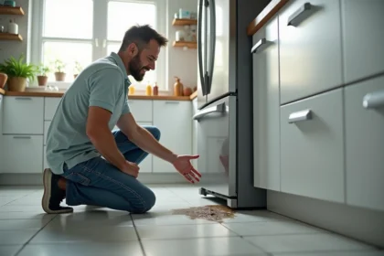 Homme inspectant un frigo avec une flaque d'eau au sol