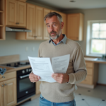 Homme rénovant sa cuisine avec factures à la main