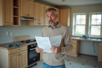 Homme rénovant sa cuisine avec factures à la main
