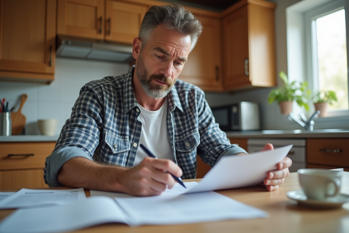 Homme d'âge moyen examine un devis de déménagement dans la cuisine