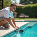 Homme souriant inspectant une installation sous-marine au bord de la piscine