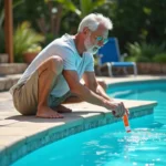 Homme d'âge moyen testant l'eau de la piscine