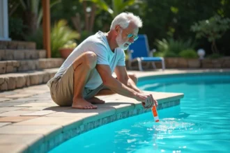 Homme d'âge moyen testant l'eau de la piscine