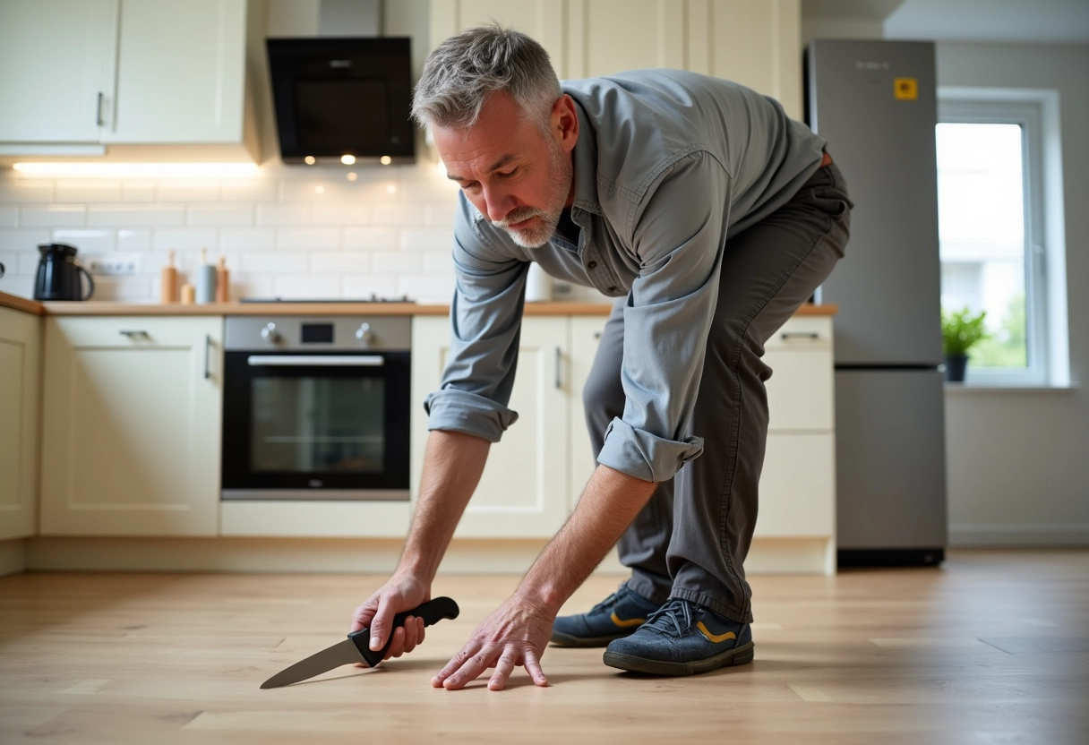 Homme coupant le parquet PVC dans une cuisine rénovée
