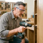 Homme utilisant une visseuse sans fil dans un atelier de bricolage à domicile