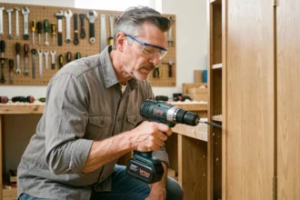 Homme utilisant une visseuse sans fil dans un atelier de bricolage à domicile